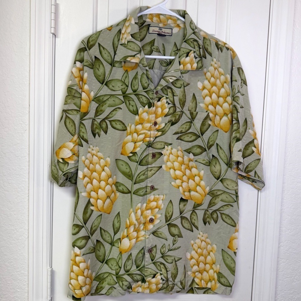 Tommy Bahama Silk Aloha Hawaiian Tropical Men's Lg Yellow & Green Floral Shirt - Picture 3 of 10